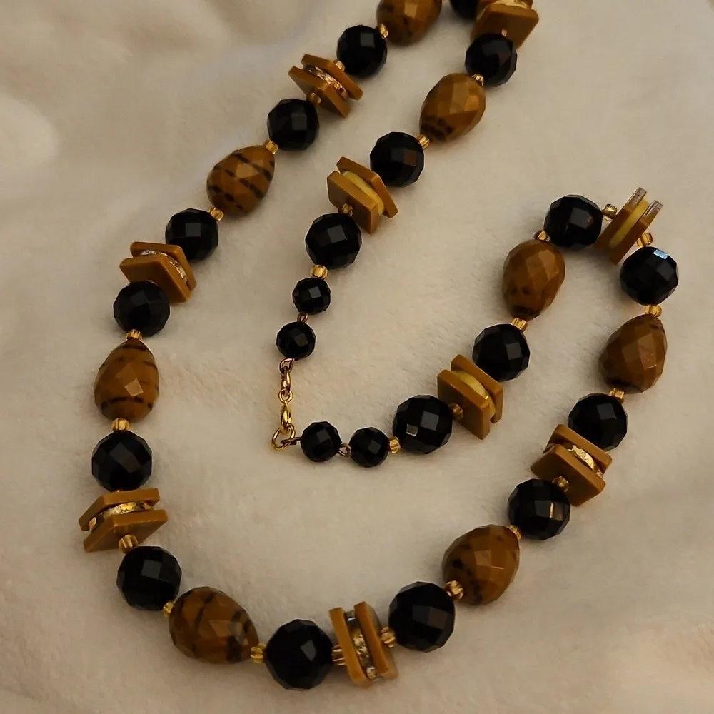 Vintage West Germany Black and Brown Plastic Faceted Beaded Necklace
